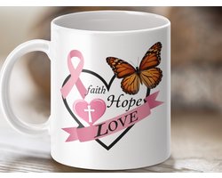 Mok met Vlinder, Hoop, Liefde en Geloof Ontwerp, Borstkanker Bewustzijn Lint, Monarchvlinder Mug, Inspirerende Mok, Steun Mok Cadeau