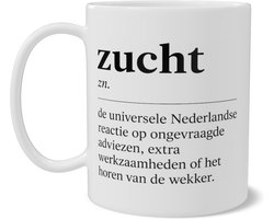 Mok met Woordenboek Definitie Zucht - Grappige Kantoor Koffiebeker - Cadeau voor Collega met Dubbelzijdige Tekst - Wit Minimalistisch Design