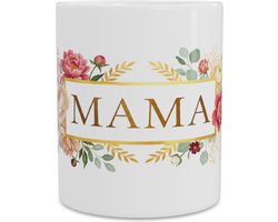 Mok Moederdagcadeau met sierlijke bloemenkrans roze rozen gouden bladeren en tekst MAMA. Perfect Cadeau voor Moeder of Oma Moederdagcadeau met sfeervolle aquarel illustratie voor koffie en thee op de thuiswerkplek.