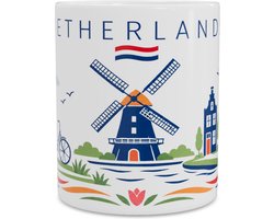 Mok Nederland Souvenir Beker met Hollandse Windmolen, Tulpen, Fiets en Grachtenpand Retro Folk-Art Reis Cadeau