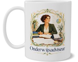 Mok Onderwijsadviseur Art Nouveau Stijl Beroepen Illustratie met Boeken en Werkplek Keramische Koffiemok met Dubbelzijdige Bedrukking Uniek Werk Cadeau voor Collega en Onderwijs Professional