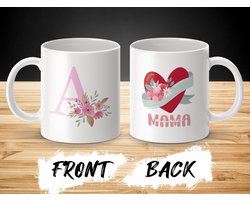 Mok Roze letter A, Mama, Bloemenhart, beker, Moederdag cadeau, Bloemen , Roze , Moeder beker, Speciaal cadeau, Hartvormig design, Persoonlijke mok / beker, Drinkwaren, Unieke mok, bloemdecoratie , mama mok