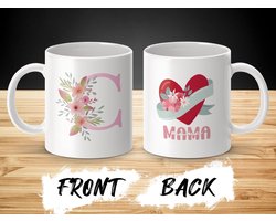 Mok Roze letter C, Mama, Bloemenhart, beker, Moederdag cadeau, Bloemen , Roze , Moeder beker, Speciaal cadeau, Hartvormig design, Persoonlijke mok / beker, Drinkwaren, Unieke mok, bloemdecoratie , mama mok