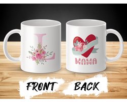 Mok Roze letter L, Mama, Bloemenhart, beker, Moederdag cadeau, Bloemen , Roze , Moeder beker, Speciaal cadeau, Hartvormig design, Persoonlijke mok / beker, Drinkwaren, Unieke mok, bloemdecoratie , mama mok