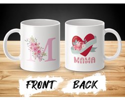 Mok Roze letter M, Mama, Bloemenhart, beker, Moederdag cadeau, Bloemen , Roze , Moeder beker, Speciaal cadeau, Hartvormig design, Persoonlijke mok / beker, Drinkwaren, Unieke mok, bloemdecoratie , mama mok