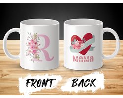 Mok Roze letter R, Mama, Bloemenhart, beker, Moederdag cadeau, Bloemen , Roze , Moeder beker, Speciaal cadeau, Hartvormig design, Persoonlijke mok / beker, Drinkwaren, Unieke mok, bloemdecoratie , mama mok