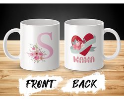 Mok Roze letter S, Mama, Bloemenhart, beker, Moederdag cadeau, Bloemen , Roze , Moeder beker, Speciaal cadeau, Hartvormig design, Persoonlijke mok / beker, Drinkwaren, Unieke mok, bloemdecoratie , mama mok