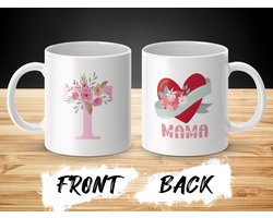 Mok Roze letter T, Mama, Bloemenhart, beker, Moederdag cadeau, Bloemen , Roze , Moeder beker, Speciaal cadeau, Hartvormig design, Persoonlijke mok / beker, Drinkwaren, Unieke mok, bloemdecoratie , mama moT