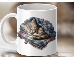 Mok Schattige Slapende Kat, Gestreepte Kat, Flanel Plaid Deken, Rustige Sfeer, Geschenkidee, Koffiemok, Thee Mok