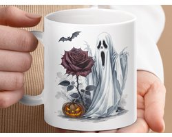 Mok, Spookachtige Halloween Mok, Geest met Roos en Pompoen Design, Griezelige Koffiemok, Herfst Decor, Gothic Halloween Decor, Halloween
