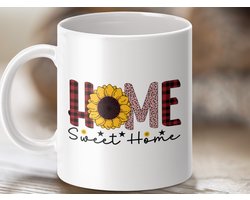 Mok Sweet Home Zonnebloem, Plaid en Luipaard Print, Perfecte Cadeau Mok, Huisdecoratie, Herfst Mok, Keramische Mok