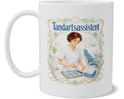 Mok Tandartsassistent Koffiemok met Art Nouveau Beroepen Illustratie Cadeau voor Tandartsassistent en Praktijk Medewerker Elegante Gouache Stijl Dubbelzijdig Bedrukte Mok voor Mondzorg Praktijk en Kantoor