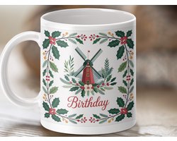 Mok Verjaardag, Windmolen Design, Kerst Hulst, Feestelijke Mok, Cadeau Idee, Aangepaste Mok, Gepersonaliseerde Verjaardagscadeau