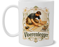 Mok Vloerenlegger Stijlvolle Art Nouveau koffiemok met vakman, houten planken en gereedschap Uniek cadeau voor klussers, aannemers en vloerenleggers Dubbelzijdige print voor de bouw