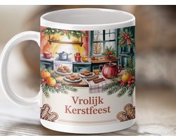 Mok Vrolijk Kerstfeest, Kerst keuken, kersttafereel, kerstkoekjes, gezellige kerst, kerst decoratie, mok kerstcadeau