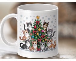 Mok Vrolijk Kerstmis Katten Kerstboom, Schattige Katten mok, Kattenliefhebber Cadeau, Feestdagen mok, Katten mokken, Kerstcadeau