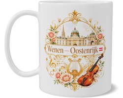 Mok Wenen Oostenrijk met paleis, rozen, viool en klassieke muziekornamenten - elegante Art Nouveau reisillustratie, souvenir cadeau voor Wenen liefhebber, design op beide zijden