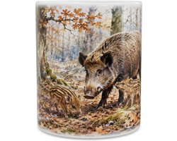 Mok - Wild Zwijn (Sus scrofa) Everzwijn Zeug met Frislingen - Aquarel Natuur Illustratie Bos - Koffiemok Cadeau Dierenvriend