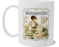 Mok Woninginrichter Art Nouveau Stijl Koffiemok met Dubbelzijdige Print Sfeervolle Retromok met Kussens en Meubels Uniek Cadeau voor Interieurstylist en Woonliefhebber