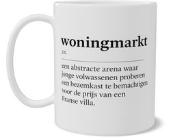 Mok - Woningmarkt - Woordenboek Definitie Grappige Tekst - Koffiebeker Cadeau - Humor Bureau Thuiswerkplek - Dubbelzijdig Bedrukt