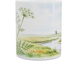 Mok - Zilt Torkruid in Estuarium Landschap - Schilderdachtig Aquarel van Hollands Rivierenlandschap met Molen - Keramische Koffiebeker - Cadeau voor Verjaardag