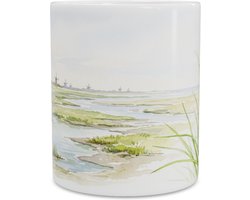 Mok - Zilte Zegge in Dynamisch Kustlandschap - Fijne Aquarel Botanische Illustratie met Duinen en Verre Molens - Keramische Koffiebeker - Cadeau Thuiswerkplek