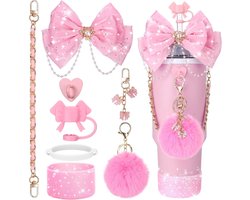 Mokaccessoires - Mokversiering - Regendruppelglitter - Geïsoleerde mok met handvat - Inclusief deksel met strikrietje, strikrietjeversiering, leren rietje met handvat, laarsjes- Glitterhanger - Roze - (Beker niet inbegrepen)