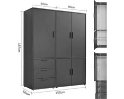 mokebo Kledingkast (150x187 cm) van hout in Wit 4 deuren & 3 lades 'Der Grenzenlose' slaapkamerkast modulair & combineerbaar, garderobekast, halkast, draaideurkast, kast