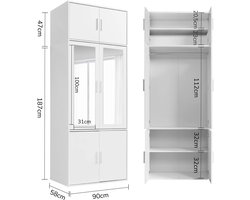 mokebo Kledingkast (90x234 cm) van hout in Wit 4 deuren met vakken 'Der Grenzenlose', plafondhoge slaapkamerkast, garderobekast, draaideurkast of kast hoger dan 2 meter