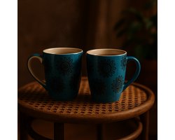Mokken - Koffiekop - Theemok - Thee mokken - mokken set van 2 - Keramiek - Handgeschilderd - Blauw met bloemen