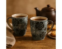 Mokken - Koffiekop - Theemok - Thee mokken - mokken set van 2 - Keramiek - Handgeschilderd - Grijs met bloemen