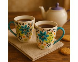Mokken - Koffiekop - Theemok - Thee mokken - mokken set van 2 - Keramiek - Handgeschilderd - groen en blauw