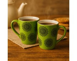Mokken - Koffiekop - Theemok - Thee mokken - mokken set van 2 - Keramiek - Handgeschilderd - Groen met bloemen