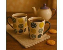 Mokken - Koffiekop - Theemok - Thee mokken - mokken set van 2 - Keramiek - Handgeschilderd - Groen/grijs dottie