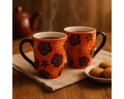 Mokken - Koffiekop - Theemok - Thee mokken - mokken set van 2 - Keramiek - Handgeschilderd - Oranje met bloemen