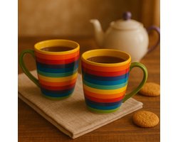 Mokken - Koffiekop - Theemok - Thee mokken - mokken set van 2 - Keramiek - Handgeschilderd - Regenboog gestreept