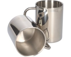 Mokken met oor - Koffiekopjes met oor 2 stuks - Dubbelwandige mok - Mokken set 400ml x2 - Roestvrij Staal - Robuust RVS beker ontwerp