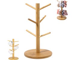 Mokkenhouder van bamboe en hout in de vorm van een boom - organizer voor kopjes en bestek - houten koffiekopjeshouder - bamboe kopjeshouder met 6 haken - hangend rek voor het presenteren van mokken - geschikt voor plaatsing op het bureau