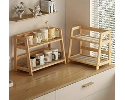 Mokkenrek met 2 Lagen – Koffiekopjes Organizer met Rotan Look – Houten Keukenrekje voor Bekers en Glazen – Bureau Organizer – Ruimtebesparend Design – 26 cm