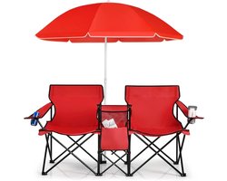 MokoHub 2-zits campingstoel - Kampeerstoelen met parasol - Opvouwbaar - Met bekerhouder - 160x55x85 cm - Rood