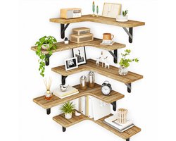 Molhaus Set van 5 Hoekplanken - Houten Wandplanken 41x29 cm - Met Metalen Beugels - Hoekplank - Hoek - Natuurlijke houtkleur