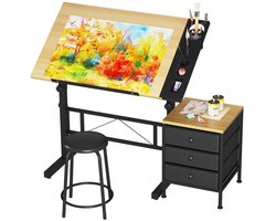 Molhaus Tekentafel - Kantelbaar - Verstelbaar - 120 x 60 cm - Met Kruk - Ladenkastje - Houtlook - Schildertafel - Bureau