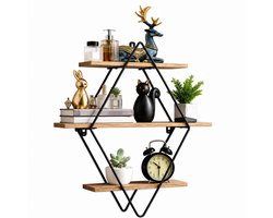 Molhaus Wanddecoratie met 3 Niveaus – Boekenplank – Metaal met Houtlook - Decoratie voor Woonkamer en Slaapkamer - Wandplank