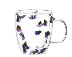 MONDEX - PETER FLOWERS Mok - 350ml 13x9.5xh12cm - DUBBELWANDIG - GLAS - Theeglas - Koffieglas - Droogbloemen - Paars groen