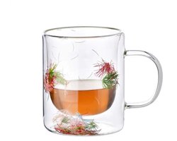 MONDEX - PETER FLOWERS Mok - 400ml 8,5x12,5xh11cm - DUBBELWANDIG - GLAS - Theeglas - Koffieglas - Droogbloemen - Rood groen