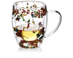 MONDEX - PETER FLOWERS Mok - 400ml 8,5x12,5xh11cm - DUBBELWANDIG - GLAS - Theeglas - Koffieglas - Droogbloemen - Rood groen roze geel