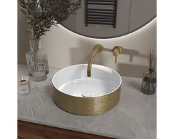 Mondri waskom rond 36 x 36 x 12 cm glans wit/geborsteld goud