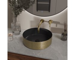Mondri waskom rond 36 x 36 x 12 cm mat zwart/geborsteld goud