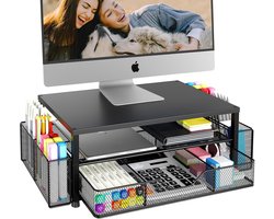 Monitor- en printerstandaard - metalen bureaulade-organizer met 2 pennenhouders en opbergruimte - stevig en stabiel, belastbaar tot 20 kg - ideaal voor pc, laptop, monitor, accessoires en thuiswerken