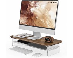 Monitor verhoger 60 cm – Monitorstandaard - Zwevend Design – Walnoot Bruin – Transparant Acryl & Metaal – Max 45 kg Draagvermogen – Bureau Organizer met Opbergvakken